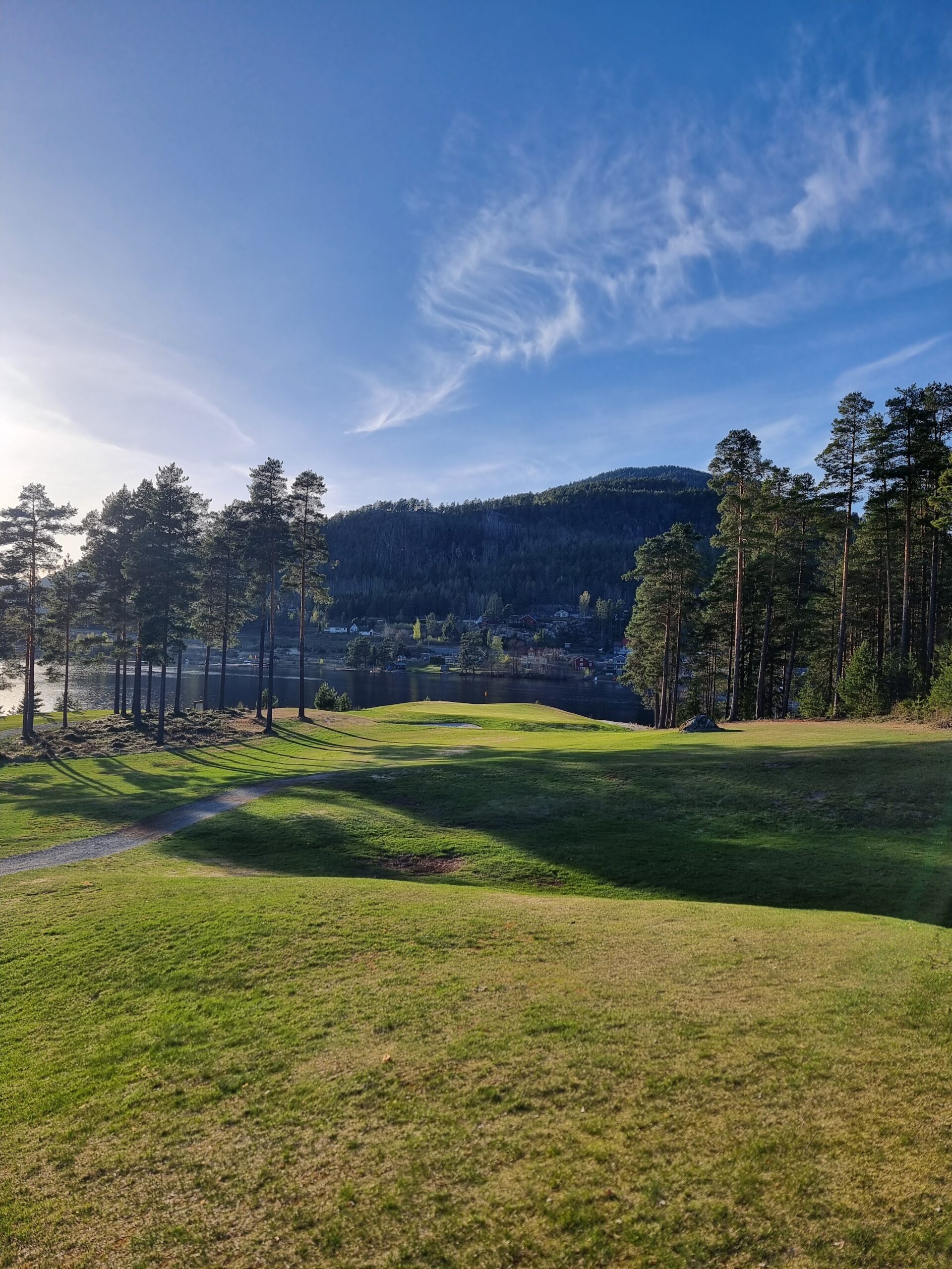 Kveldssol over golfbanen med furutrær, Nisser og fjell i bakgrunnen