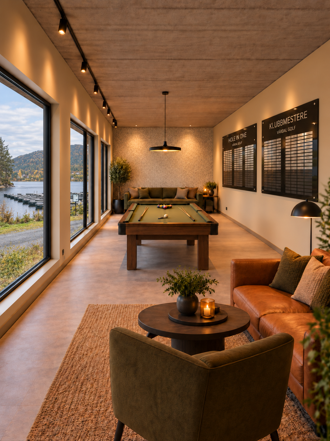 Illustrasjon av planlagt Golf Lounge med biljard og sittegrupper