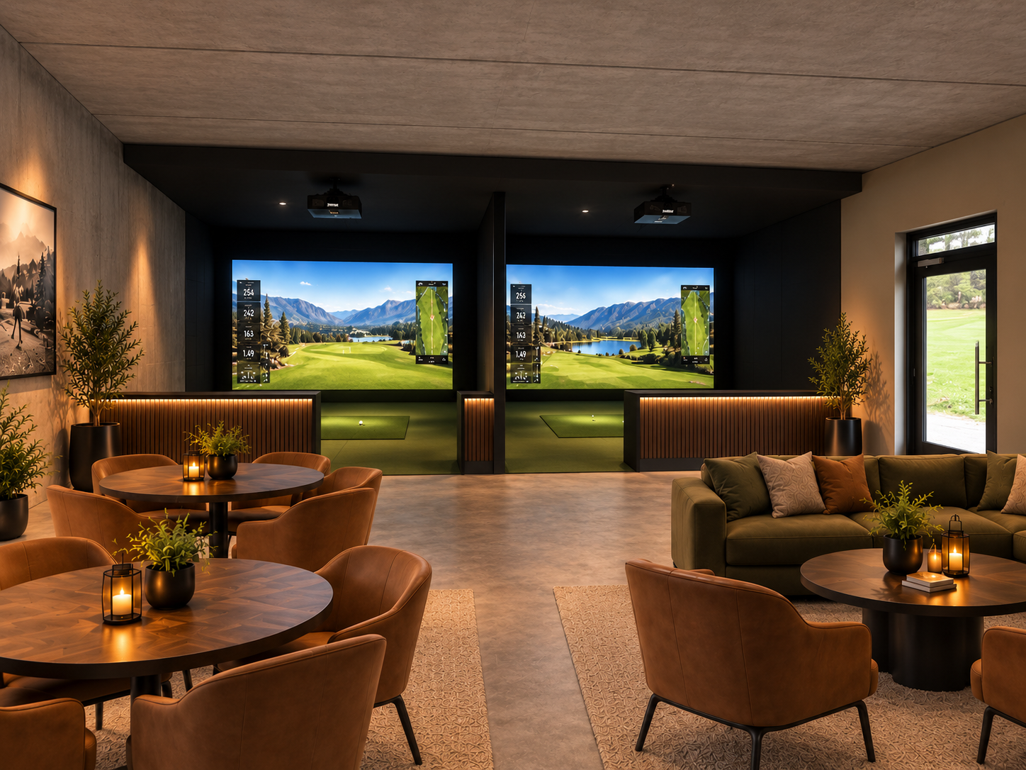 Illustrasjon av planlagt Golf Lounge med to simulatorer, sofaer og varme lys